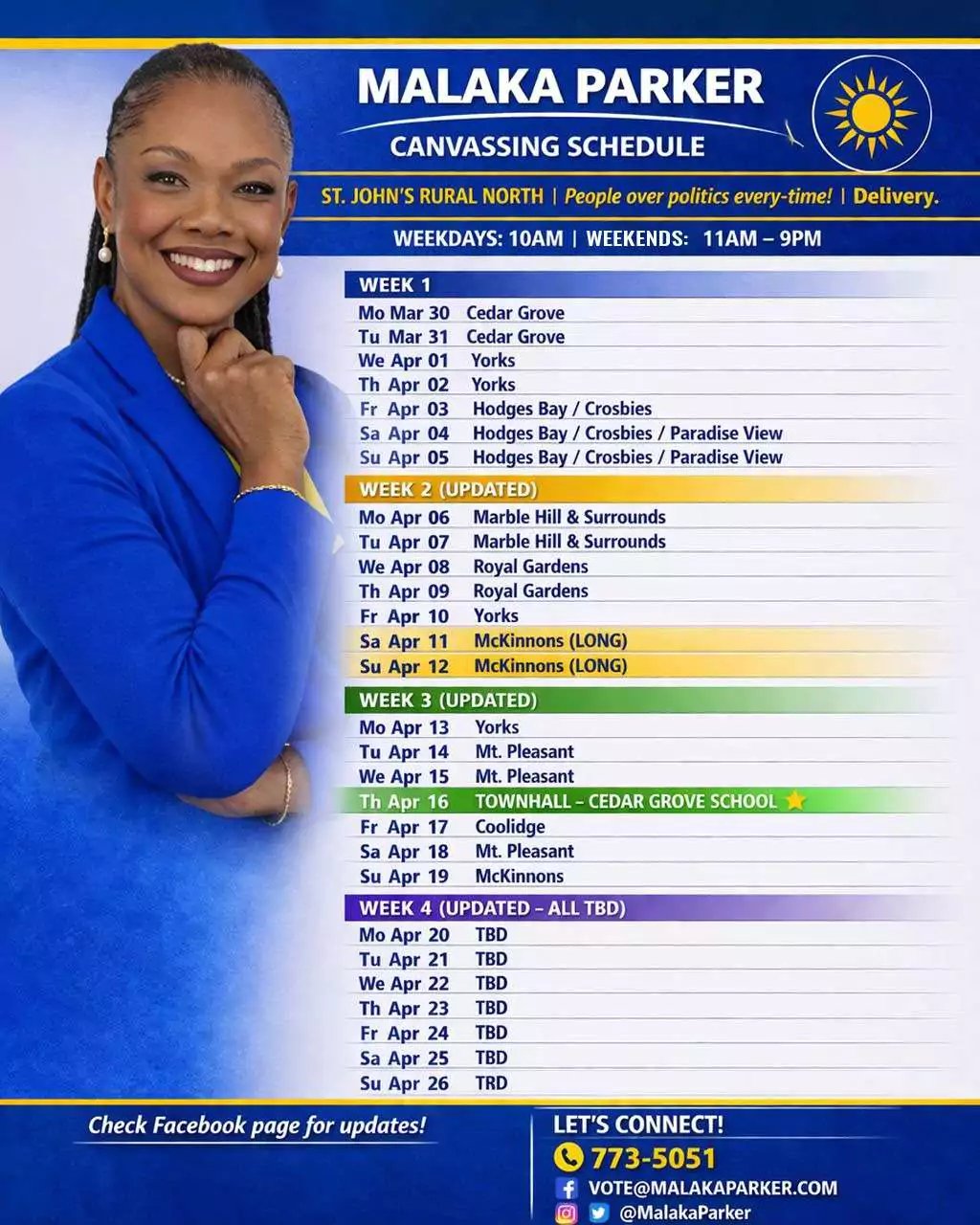 Malaka Parker Unveils Canvassing Schedule, Undaunted by Snap Elections 